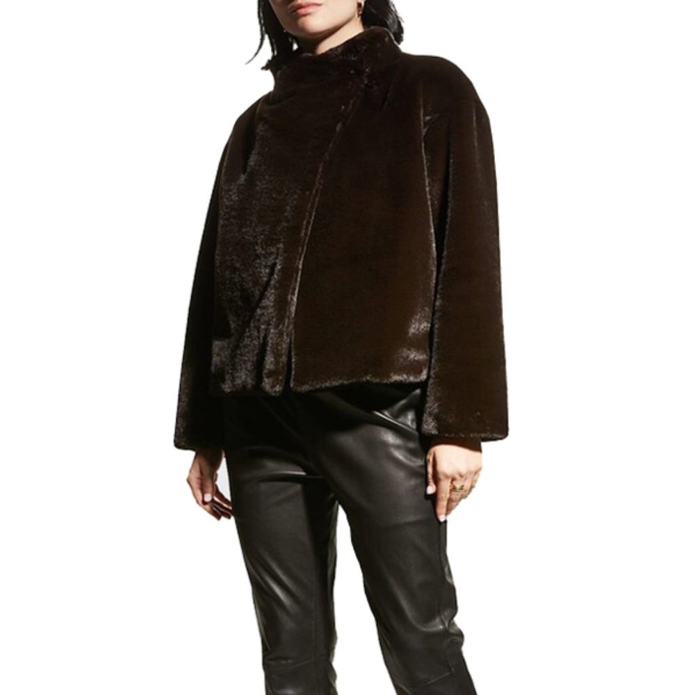 NWT THEORY Offset Faux Shearling Jacket in ESPRESSO - Picture 3 of 5